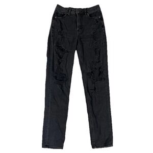 American Eagle Mom‎ Jeans Washed Black Denim Distressed Women's Size 0 (26x28)